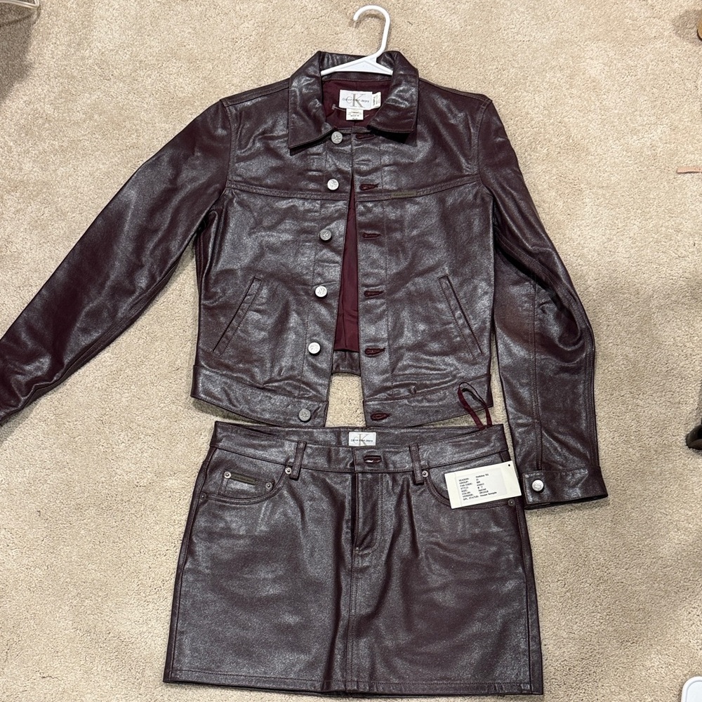 Calvin Klein Women's Spiced Purple/eggplant color Leather Jacket and Skirt Set
